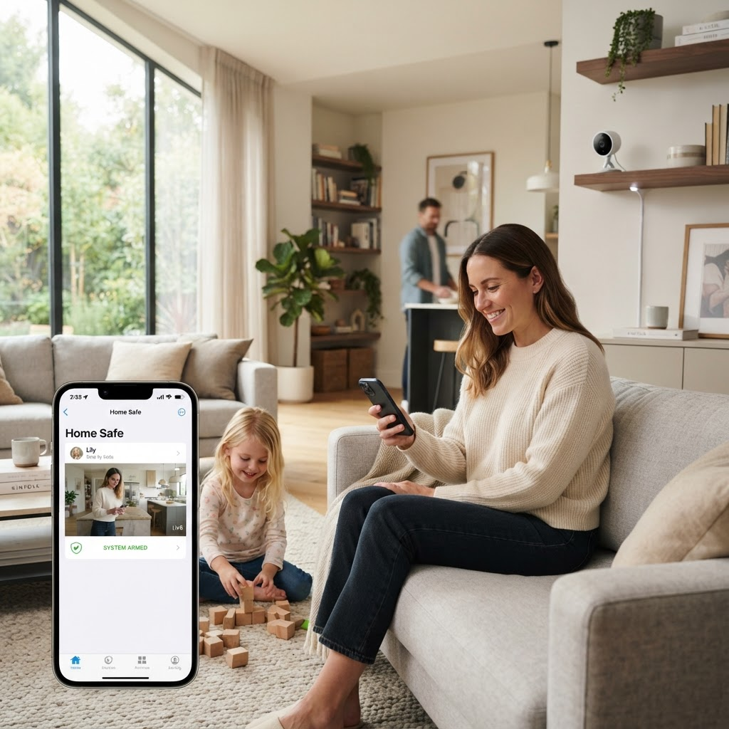 Familia revisando su sistema de seguridad inteligente en casa